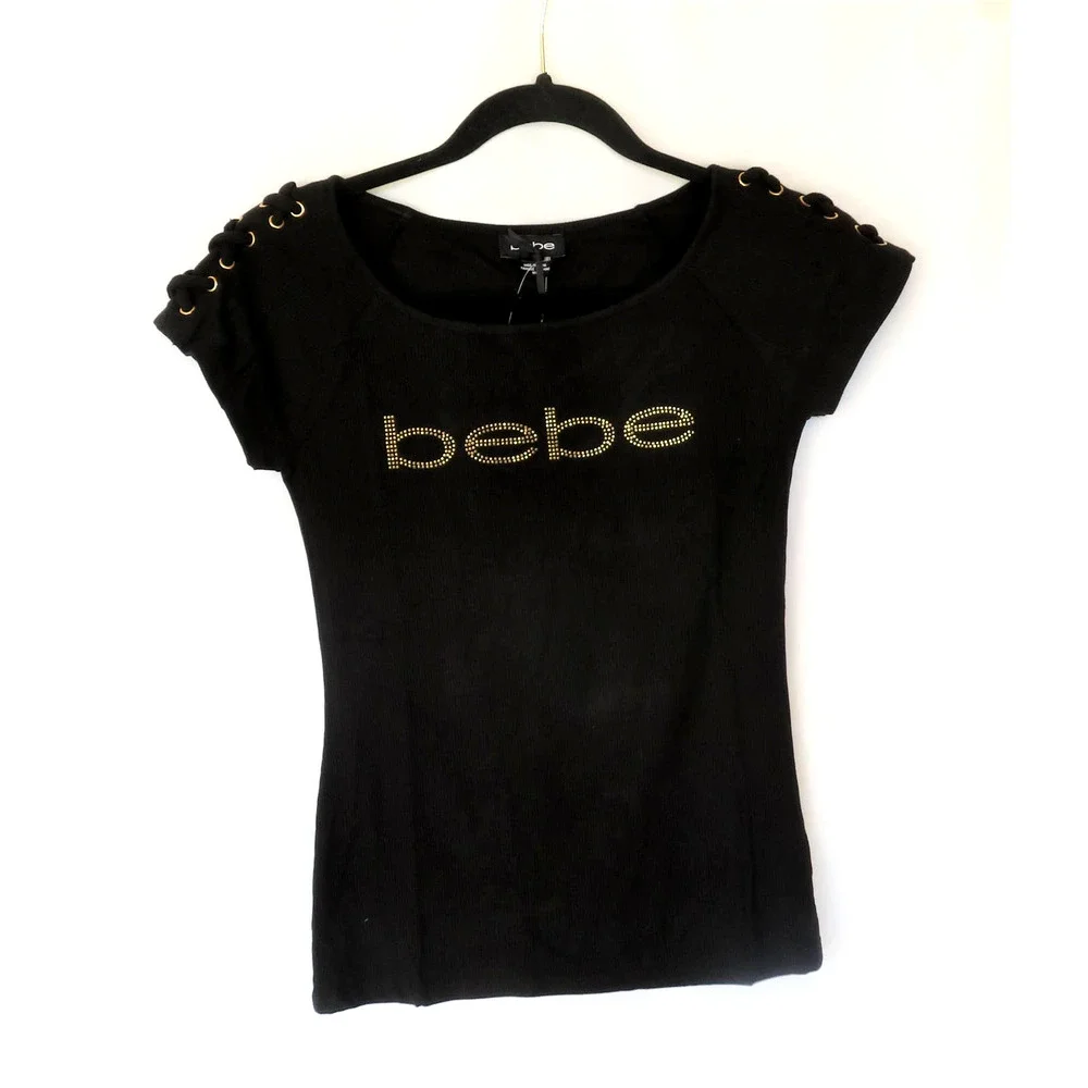Nwt BEBE Black Logo Top Shirt w/ Gold Rhinestone Women Sz M - Picture 1 of 7
